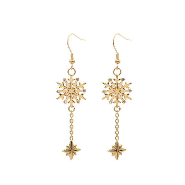 Gold Snowflake & Star Drop Earrings – Elegant Gold Dangle Earrings, Winter Holiday Jewelry, Christmas Gift for Her