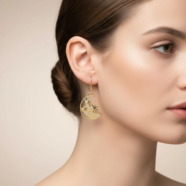 Gold Crescent Moon & Star Drop Earrings, Celestial Jewelry, 18K Plated Dangle Earrings, Cosmic Gift for Her, Starry Night Accessories