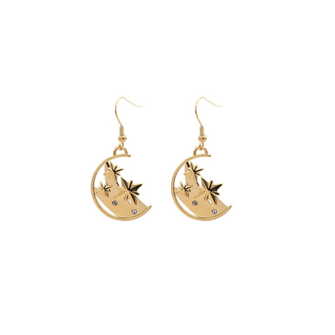 Gold Crescent Moon & Star Drop Earrings, Celestial Jewelry, 18K Plated Dangle Earrings, Cosmic Gift for Her, Starry Night Accessories