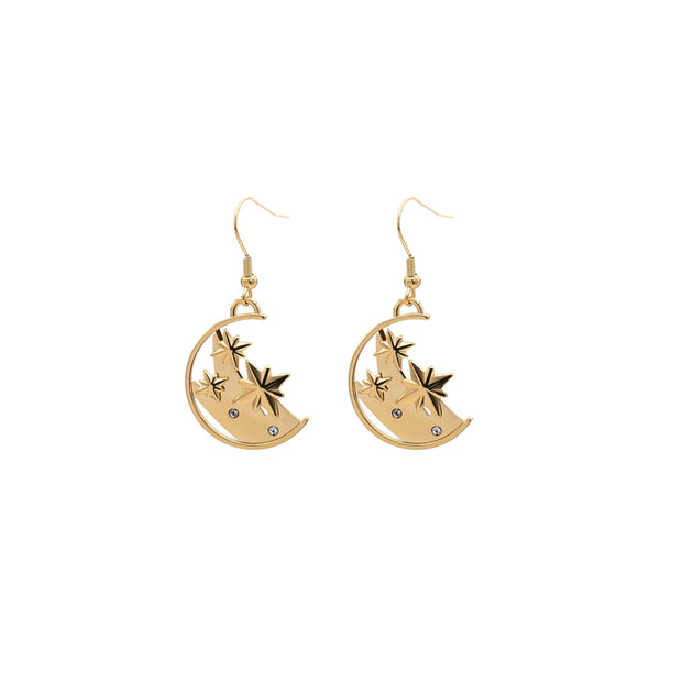 Gold Crescent Moon & Star Drop Earrings, Celestial Jewelry, 18K Plated Dangle Earrings, Cosmic Gift for Her, Starry Night Accessories