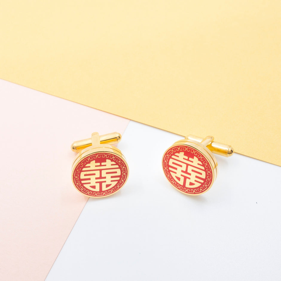 Double Happiness Cufflinks, Chinese Wedding Gold Cufflinks, Red Enamel Tea Ceremony, Groom Groomsmen Gift, Traditional Chinese Jewelry