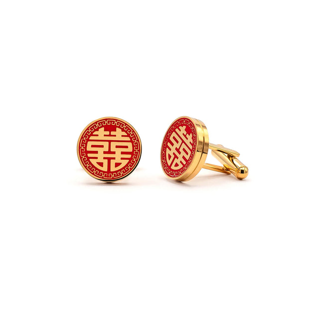 Double Happiness Cufflinks, Chinese Wedding Gold Cufflinks, Red Enamel Tea Ceremony, Groom Groomsmen Gift, Traditional Chinese Jewelry