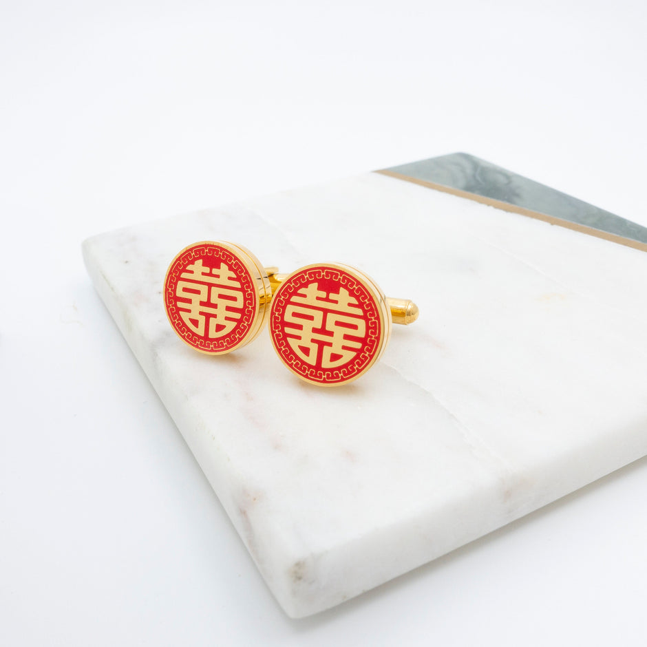 Double Happiness Cufflinks, Chinese Wedding Gold Cufflinks, Red Enamel Tea Ceremony, Groom Groomsmen Gift, Traditional Chinese Jewelry