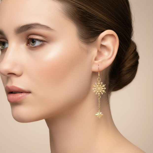 Gold Snowflake & Star Drop Earrings – Elegant Gold Dangle Earrings, Winter Holiday Jewelry, Christmas Gift for Her