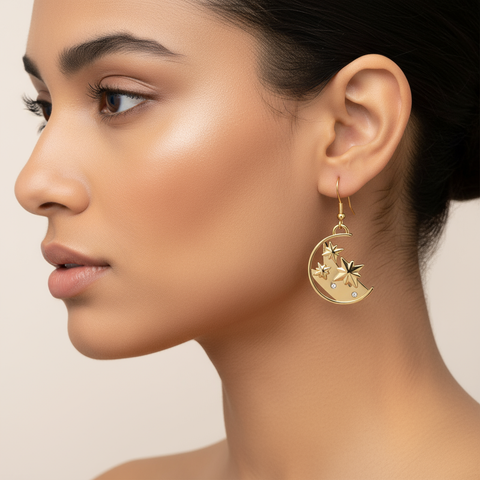 Gold Crescent Moon & Star Drop Earrings, Celestial Jewelry, 18K Plated Dangle Earrings, Cosmic Gift for Her, Starry Night Accessories